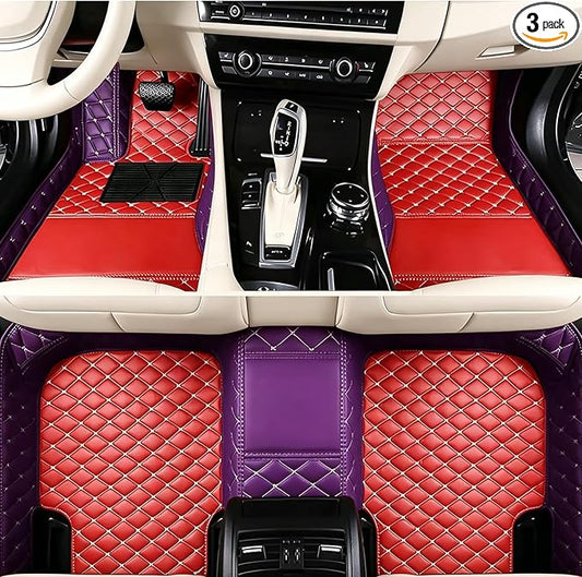 Premium Leather Car Floor Mats Full Set, Customizable with Your Own Text, for Most Sedans SUVs in All Weather(Pink+Black)