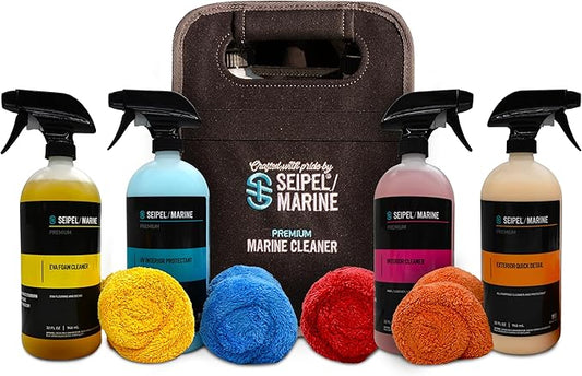 Boat Cleaning Kit 4 Pack 32oz – Marine Interior Cleaner, UV Protectant, EVA Foam Deck Cleaner & Quick Detailer – Boat Detailing Kit with Microfiber Towels – Pontoon, Fishing Boat Care