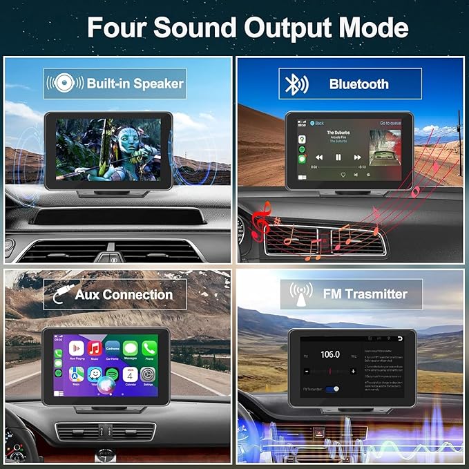 7" Wireless CarPlay Screen for Car - Apple CarPlay & Android Auto Portable Touch Screen with Backup Camera, Bluetooth, FM Transmitter, Voice Control for All Vehicles (Black)