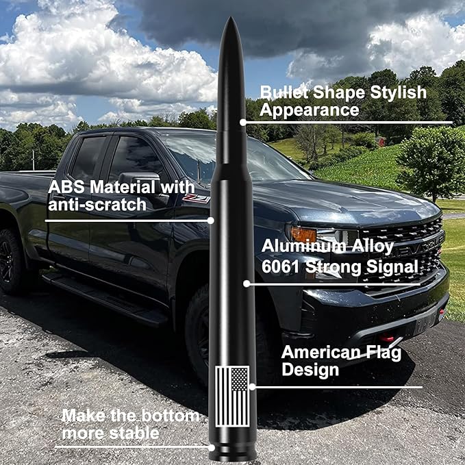 Car Truck Bullet Antenna with Tire Valve Caps American Flag Universal Short Replacement for GMC Sierra Chevy Silverado Dodge Ram 1500 2500 3500 Ford F150 F250 F350 Super Duty Raptor Accessories, Black