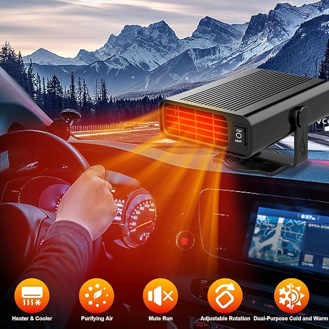 12V Car Heater & Windshield Defroster – 200W Fast Heating & Cooling Fan, 360° Rotatable Portable Car Heaters for Vehicle, Plugs into Cigarette Lighter for Cars, SUVs, RVs