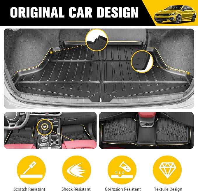 Trunk Mat with Floor Liners for 2021-2026 Kia K5(Only Fit FWD) / 2020-2026 Hyundai Sonata (Only Fit FWD & Gas) All Weather TPE Protector Cargo Liner Floor Mats Car Accessories