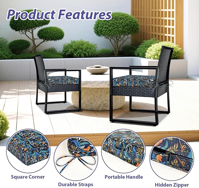 IPYNBAP Outdoor Chair Cushions Set of 4 -Waterproof Outdoor Seat Cushions for Patio Furniture, Patio Chair Cushion with Handle and Ties, Out Door Chair Pads,19x19x3-Square, Black Nightingale