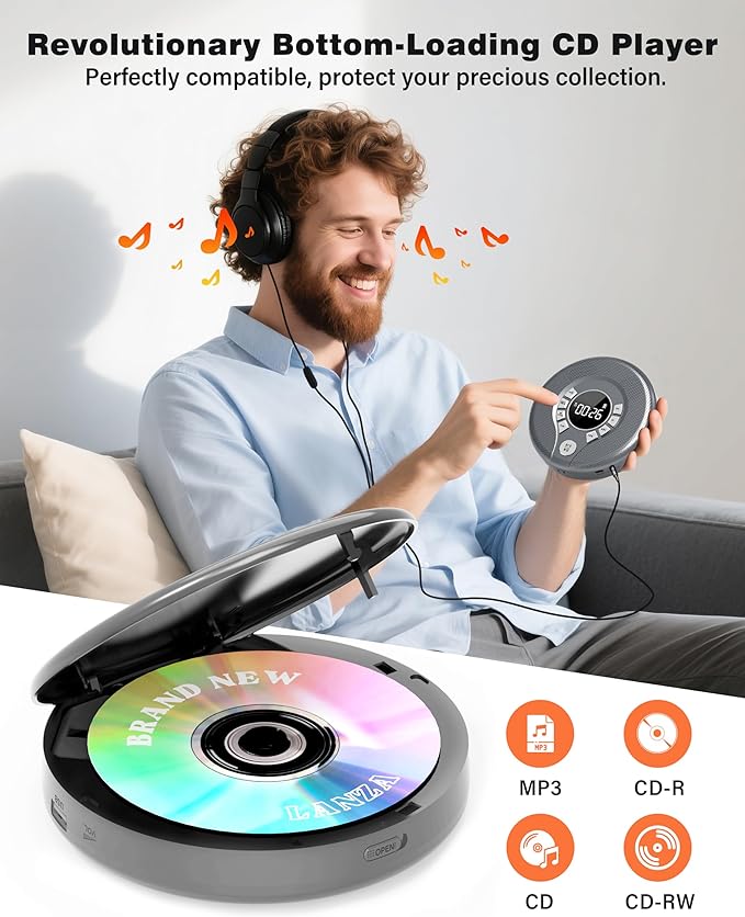 Greadio Portable CD Player with Bluetooth, FM Transmitter for Car Home Use, Rechargeable Discman CD Player with Headphones & Speakers, Anti-Skip, Personal Small Music Player, USB/AUX/LCD (Grey)