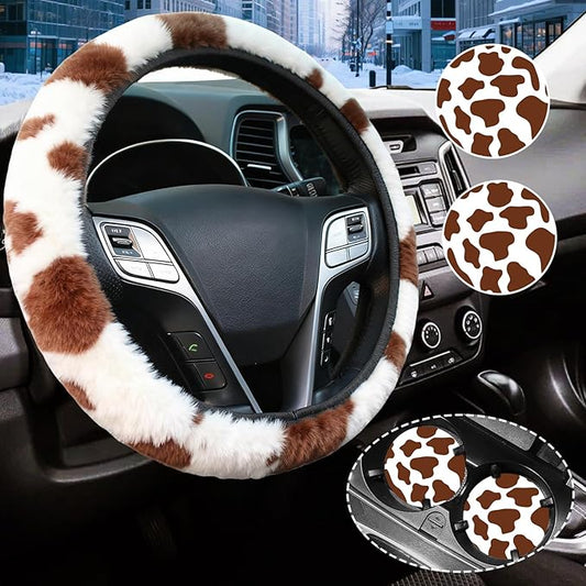 Brown Cow Fuzzy Steering Wheel Cover for Women, Universal Auto Steering Wheel 14-15 Inch Soft Warm Car Interior Accessories with 2PCS Car Coasters, Suitable for Men and Women