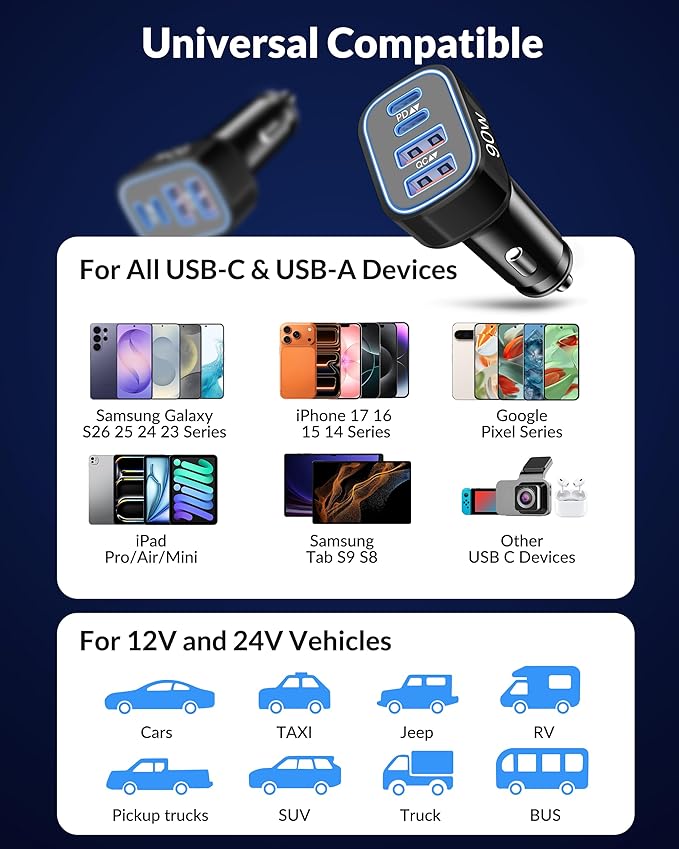 2 Pack 90W 4-Port Super Fast Type C Car Charger USB C for Samsung Galaxy S26/S25/S24/S23/ S22 Ultra, Android, iPhone 17/16/15, Cigarette Lighter USB Charger Car Adapter Accessories + 3FT USB-C Cable