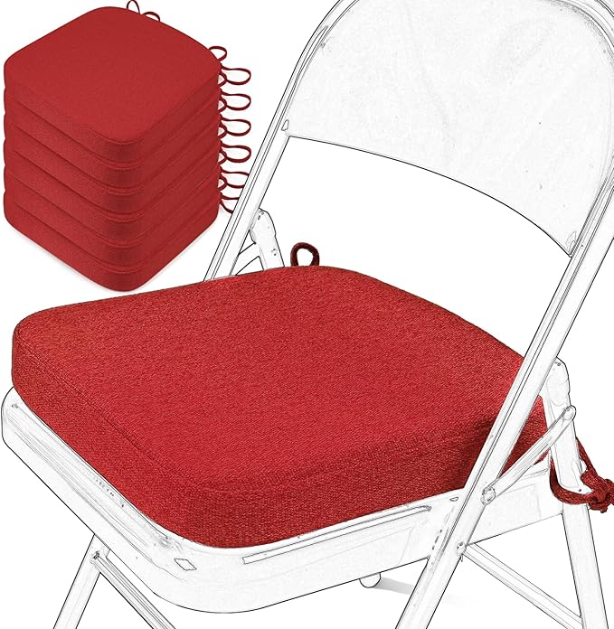 SINOSSO Memory Foam Chair Cushions for Folding Chairs 6 Pack, Thickened 2" Square Pads with Ties for Kitchen Chairs, Indoor Non-Slip Dining Chair Seat Cushions (Set of 6, Red)