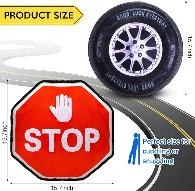 Woanger 2 Pcs Race Car Room Decor Racing Plush Throw Pillow Set Gift 15.7 Inch Soft 3D Simulation Wheel Pillow Funny Tire Cone Traffic Light and Stop for Valentines Bedroom Decorations(Stop Sign)