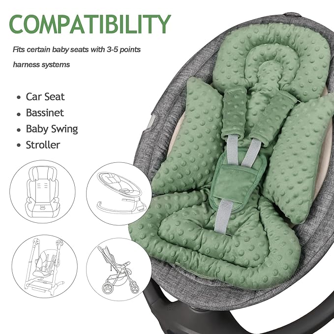 Infant Car Seat Insert Boy Girl, 3 in 1 Newborn Carseat Insert with Strap Pads, Car Seat Head Support for Baby Strollers, Swings, and Bouncers, Comfortable and Machine Washable, Forest Green