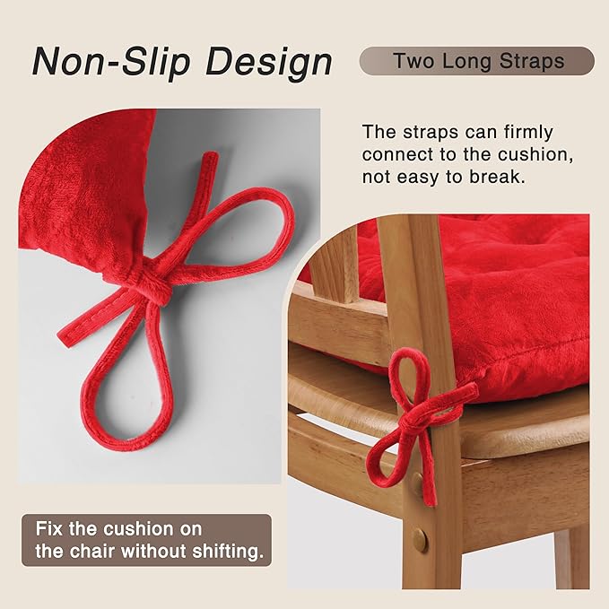 OVOV 6 Pack Chair Cushions for Dining Chairs Soft Seat Cushions for Kitchen Desk Chairs Square Chair Pads with Ties (15.5"x15.5" Red)