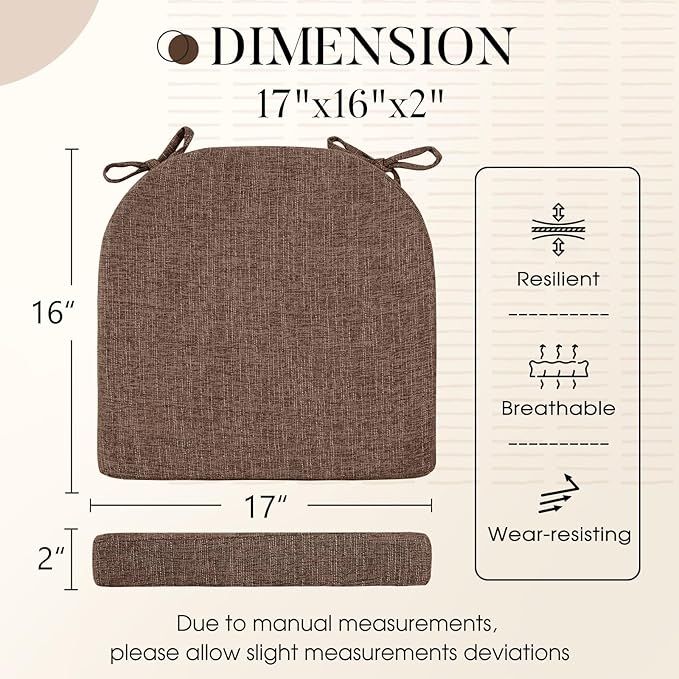 Basic Beyond Chair Cushions for Dining Chairs with Ties and Removable Cover, 2" Thick Seat Cushions for Kitchen Chairs, Set of 6, 17" x 16", Brown