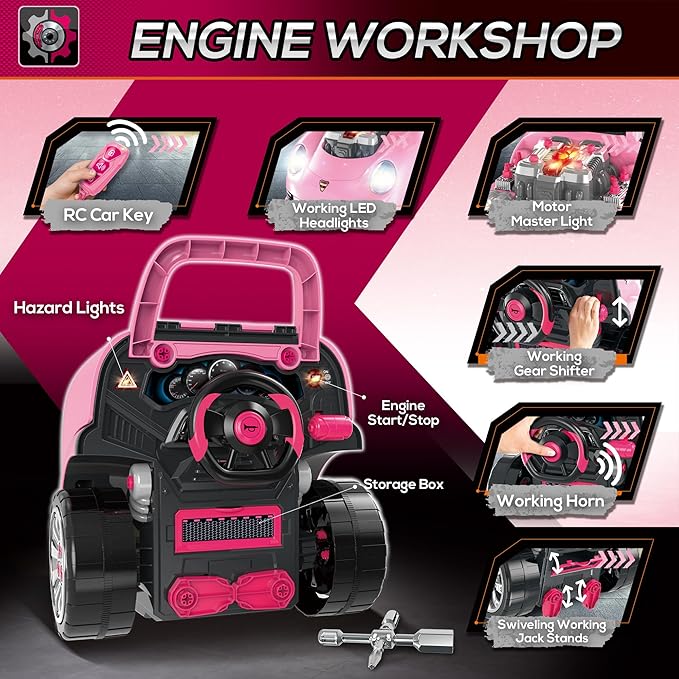 Qaba Truck Engine Toy, Kids Mechanic Set with Lights, Sounds, Steering Wheel and Horn, Pretend Car Service Station Play with 61-Piece Included for Kids Aged 3+, Pink