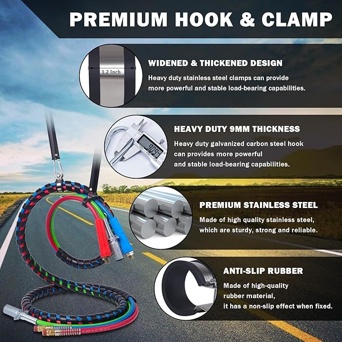 CheeMuii 2 PCS 16" Single Tender Spring Kits with 3in1 Hose Holder and 3-Hole Clamp Heavy Duty Tender Spring for Semi Truck Air Lines Kit with 2 Style Air Line Holders for Truck Trailer Tractor