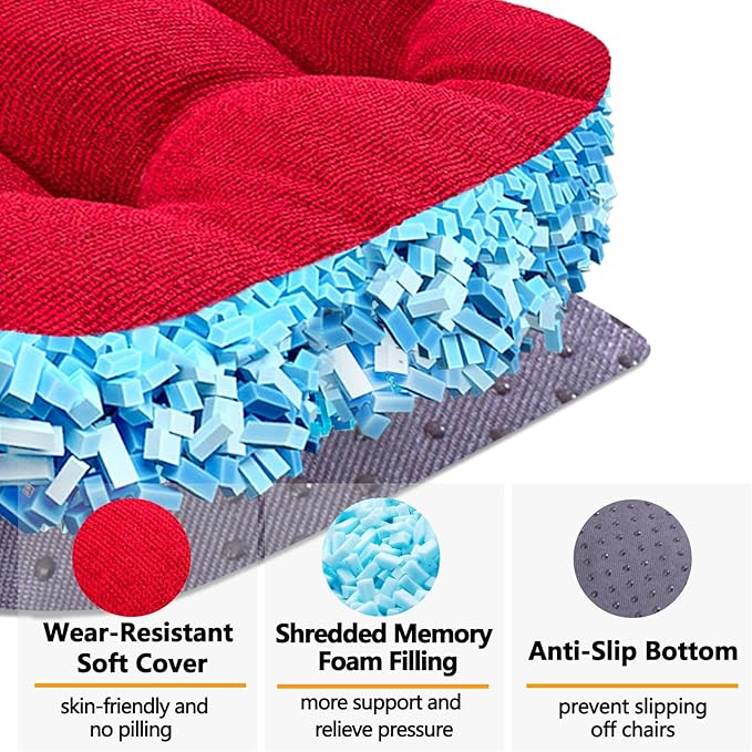 MAGIC ELEPHANT Chair Cushions for Dining Chair, Shredded Memory Foam Kitchen Chair Cushions Set of 4, Non-Slip Thick Dinning Room Chair Pads Seat Cushions, 15.5" x 15.5" x 4" (Red)