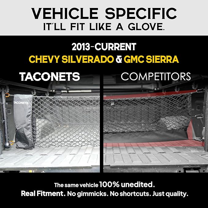 Envelope Cargo Net for GMC Sierra & Chevy Silverado - Fits 2013-Current - Upgraded 5mm Bungee - Integrated Storage Bag - Heavy Duty Carabiners - Designed in USA