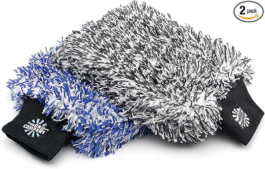 The Rag Company - The Cyclone Ultra Wash Mitts - 70/30 'Gauntlet' Blend Korean Microfiber, Foam Padding, Scratch-Free, Lint-Free, Great for Rinseless Washing, 8in x 9in, Blue + Black (2-Pack)