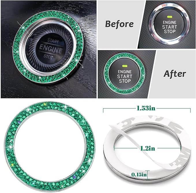 Steering Wheel Cover Set 15 inch,7 Pack Crystal Rhinestone Diamond Bling Green Car Accessories Set,Seat Belt Cushion, Gear Shifter Cover,Car Bling Ring, Cup Coaster,Green