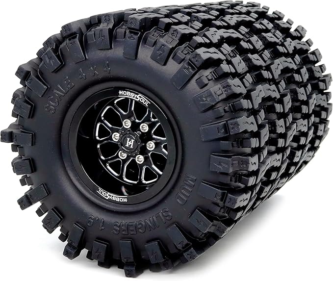 HOBBYSOUL 1.9 Beadlock Wheels and Tires 120mm Tall, 1.9'' Mud Slingers T8 Tires and Wheels Rims -10.5mm Negative Offset for 1/10 RC Crawler SCX10 TRX4 Gen8 Upgrades, (4-Pack, HS701501)