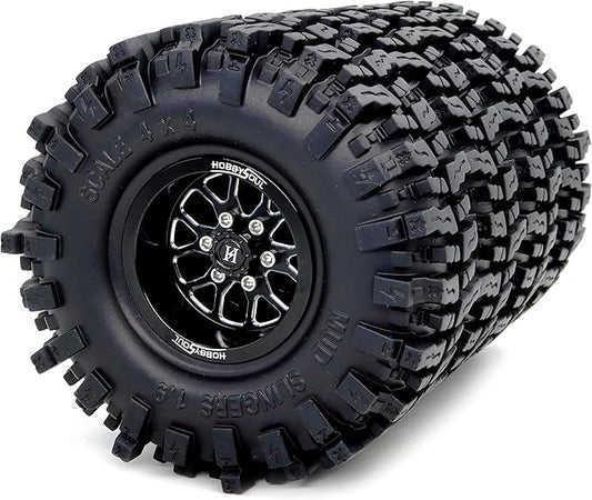 HOBBYSOUL 1.9 Beadlock Wheels and Tires 120mm Tall, 1.9'' Mud Slingers T8 Tires and Wheels Rims -10.5mm Negative Offset for 1/10 RC Crawler SCX10 TRX4 Gen8 Upgrades, (4-Pack, HS701501)
