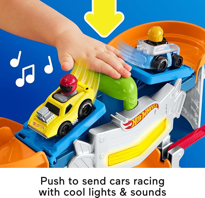 Fisher-Price Little People Hot Wheels Toddler Toy Race and Go Track Set with Lights Sounds & 2 Cars for Pretend Play Kids Ages 18+ Months