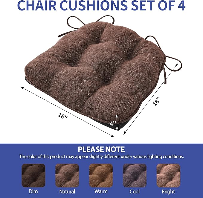IPYNBAP Chair Cushions for Dining Chairs Set of 4, Kitchen Chair Cushions, Chair Pads with Ties and Non Slip Backing, Tufted Memory Foam Seat Cushion 4 Pack, 18" x 18" x 4", Brown
