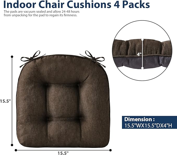 IASEAHK Chair Cushions for Dining Chairs, Seat Cushions for Kitchen Chairs, Indoor Seat Cushions with Ties, Tufted Foam Chair Pads, Non Slip Chair Cushions Set of 6, 15.5" x 15.5" x 4", Brown