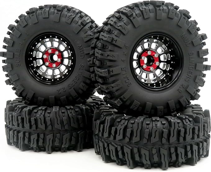 HOBBYSOUL RC 2.2 Mud Slingers Tires 124mm Tall & 2.2 Beadlock Wheels Adjustable Offset 2.2 Rims Black For RC Mud Crawler Trail Gen7 Gen8 Everest 10 Axial Capra Wraith, (4-Pack, Assembled)