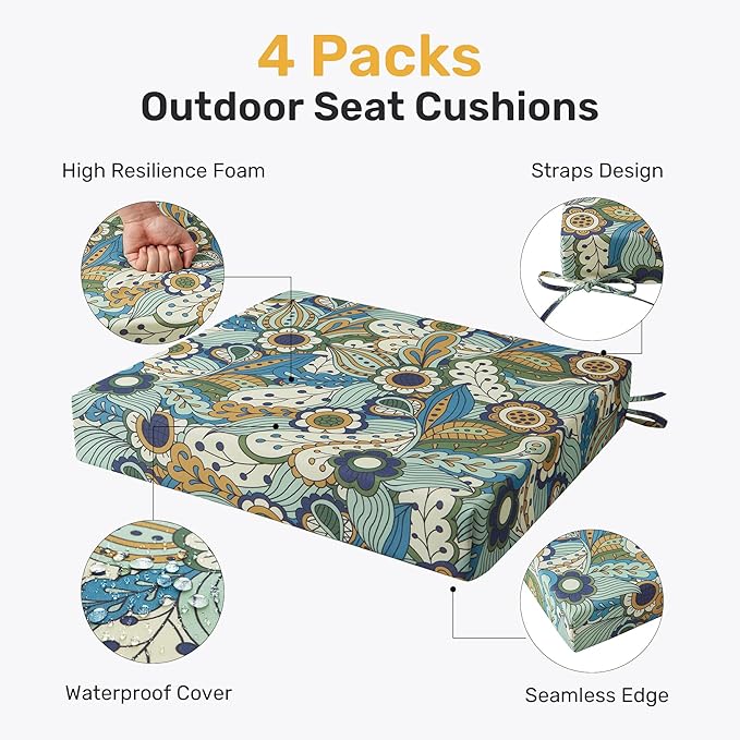 UNIKOME Outdoor Chair Cushions Pack of 4, Water Resistant Patio Cushions with Ties, High Density Sponge Filling Square Corner Seat Cushions for Outdoor Furniture, 18.5"*16"*3", Sun Flower