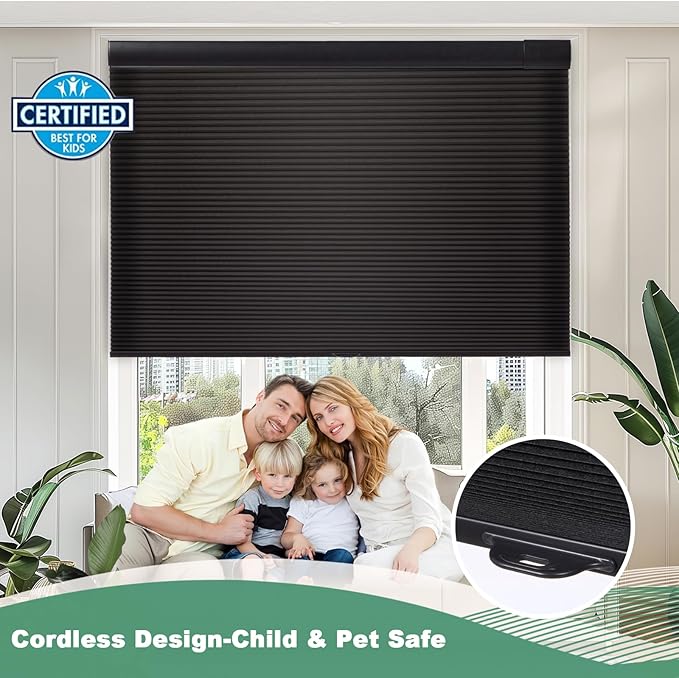 Tonature No Drill Cellular Shades for Indoor Windows, Thermal Insulating & Noise Reducing Honeycomb Blinds, Cordless Free Stop Blinds Light Filtering, Black, Custom Size