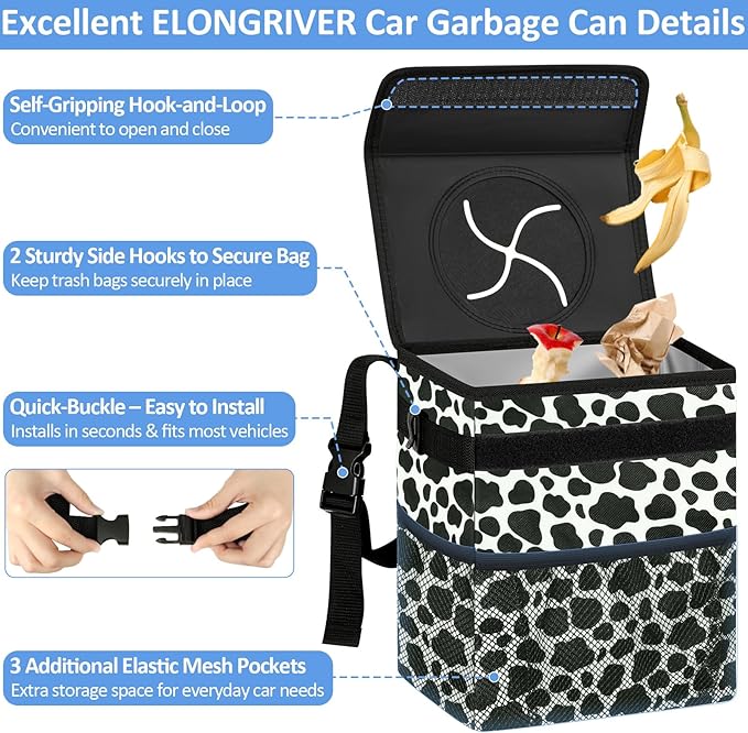 ELONGRIVER Car Trash Can Bin for Back Seat Leak Proof, Cute Car Trash Bag Hanging, Vehicle Trash Can for SUV Truck Van, Automotive Garbage Cans Front Seat Cow Print, 2 Gallons