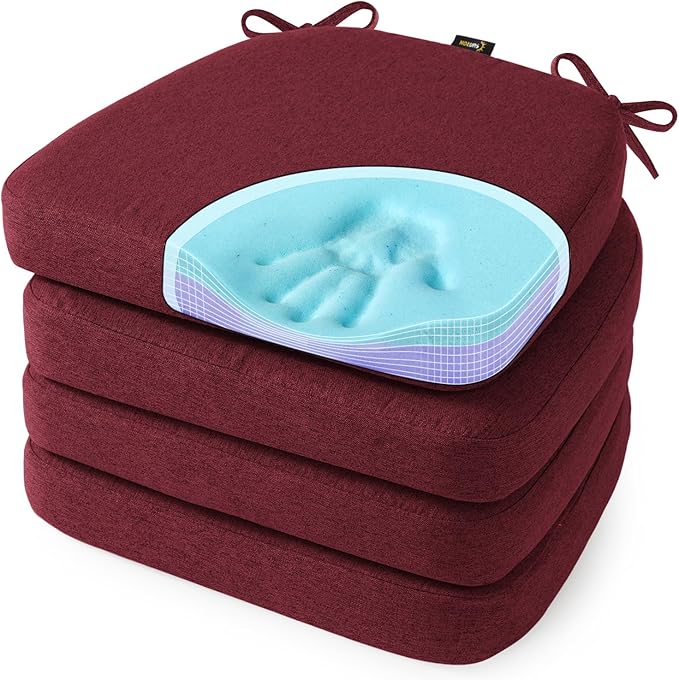 SUNROX Cooling Gel Memory Foam Chair Cushions, 2.6" Thick U-Shaped Dual-Layer Comfort Dining Chair Pads, Non Slip Seat Cushion with Ties for Indoor Kitchen Office 17"x16" Set of 4, Burgundy