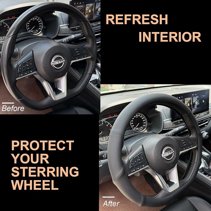 PINCTROT D Shaped Nappa Leather Steering Wheel Cover with Ergonomic Palm Support Grip, Full Perforated Breathable, Slim Fit No Bulk Design, Flat Bottom 14.5-15 Inch (Black)