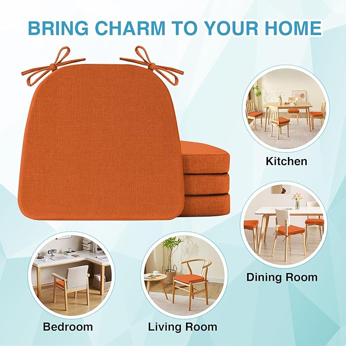 IASEAHK Chair Cushions for Dining Chairs Set of 4, Non Slip Kitchen Chair Pads, 17" x 16" x 2", Indoor Dining Chair Cushions with Ties, D-Shaped Seat Cushions for Kitchen Chairs, Orange
