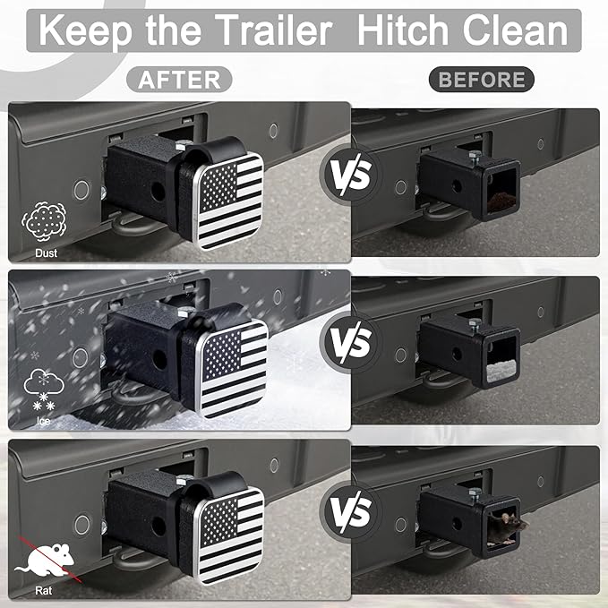 UYYE 2 Inch Rubber Trailer Hitch Cover, American Flag Rubber Hitch Tube Cover Plug Cap, Car Exterior Accessories Fits for Most Vehicles Hitch Receivers, Hitch Cover Tube Plug Cap (Silver-Black)