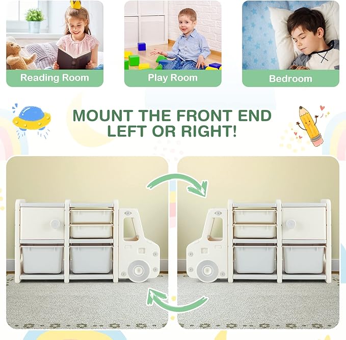 Costzon Toy Storage Organizer, Toy Shelf with with 2 Removable Toy Bins, 2 Pull-Out Drawers, Enclosed Cabinet, Kids Bookshelf, Toy Organizers and Storage for Kids Room, Playroom, Nursery (Beige)