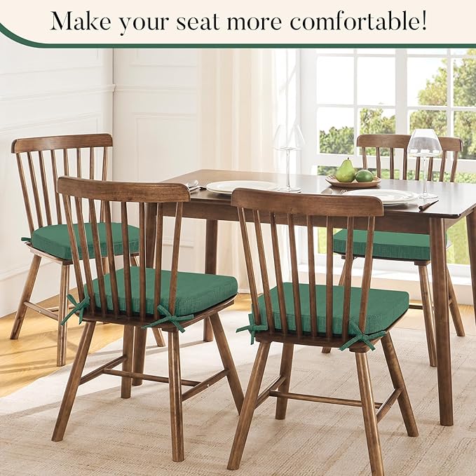 Basic Beyond Chair Cushions for Dining Chairs 6 Pack, Kitchen Chair Cushions with Ties and Non Slip Backing, 16 x 16 inches Chair Pads for Dining Chairs (Forest Green)