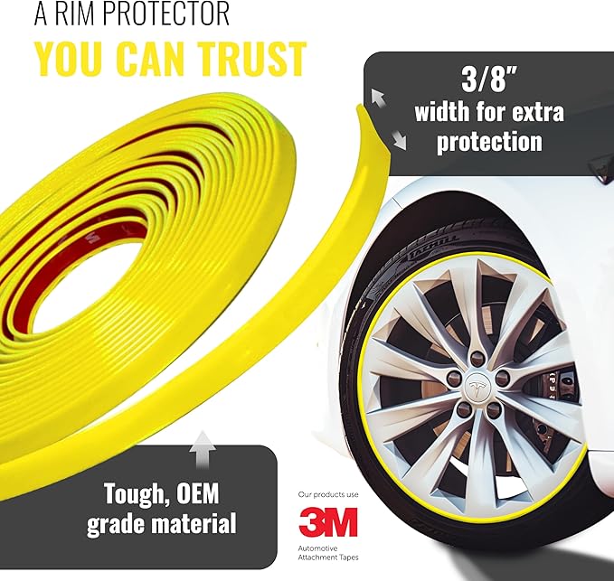 All-Fit Automotive Rim Trim – Durable DIY Car Exterior Accessories for Curb Rash Protection – Fits Up to Four 24” Wheels – Flexible, Durable Wheel Rim Protector (3/8″ width/Yellow)