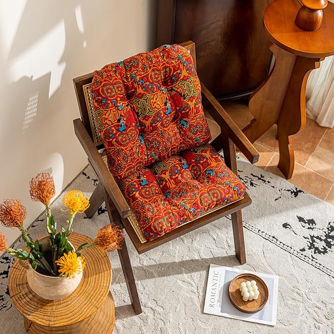 vctops Boho Geometric Chair Cushions with Ties U-Shaped Soft Cozy Cotton Linen Chair Pads Non Slip Seat Cushions for Indoor Dining Room and Kitchen Chairs (Orange,16"x16")