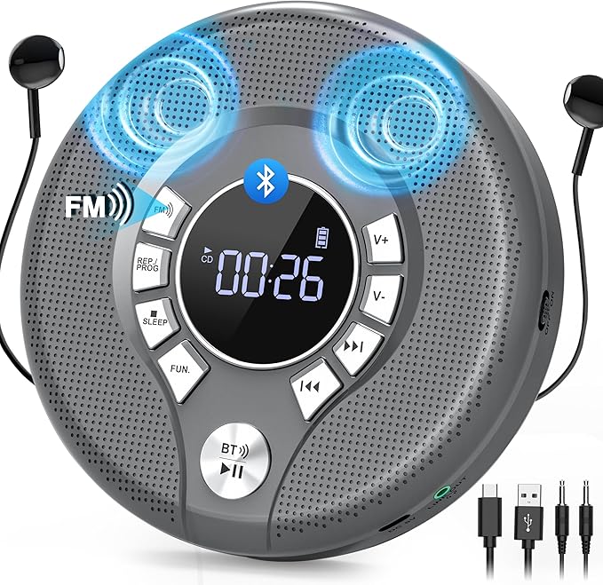 Greadio Portable CD Player with Bluetooth, FM Transmitter for Car Home Use, Rechargeable Discman CD Player with Headphones & Speakers, Anti-Skip, Personal Small Music Player, USB/AUX/LCD (Grey)