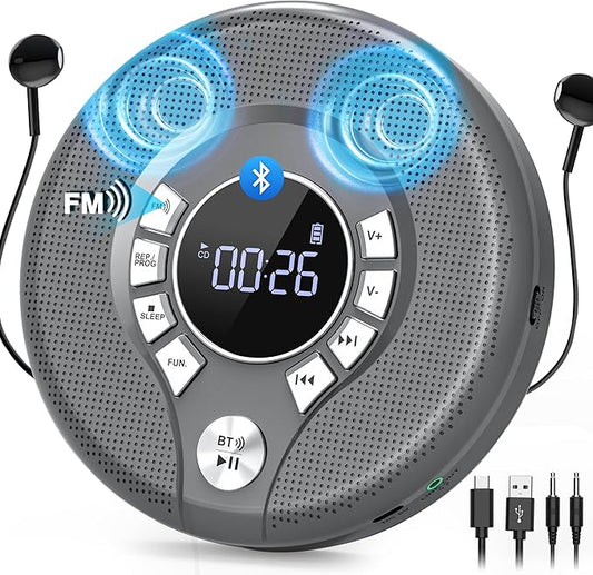 Greadio Portable CD Player with Bluetooth, FM Transmitter for Car Home Use, Rechargeable Discman CD Player with Headphones & Speakers, Anti-Skip, Personal Small Music Player, USB/AUX/LCD (Grey)