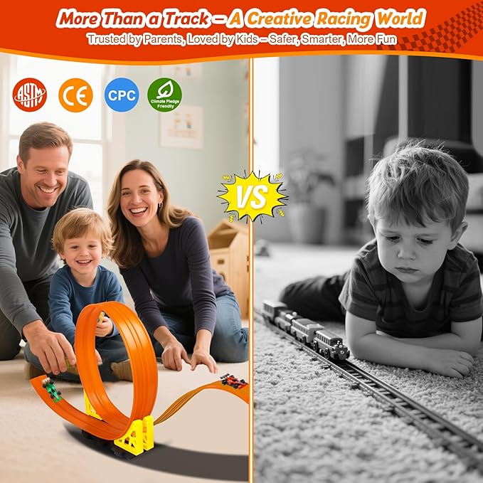 Flexible Race Track Toys for Kids: 15 Ft Rolls Up DIY Racetrack with 4 Cars & 10 Suction Cups - Compatible with Hot Wheels and Diecast 1/64th Cars - Birthday Gifts for Age 3-8 Years Old Boys Girls