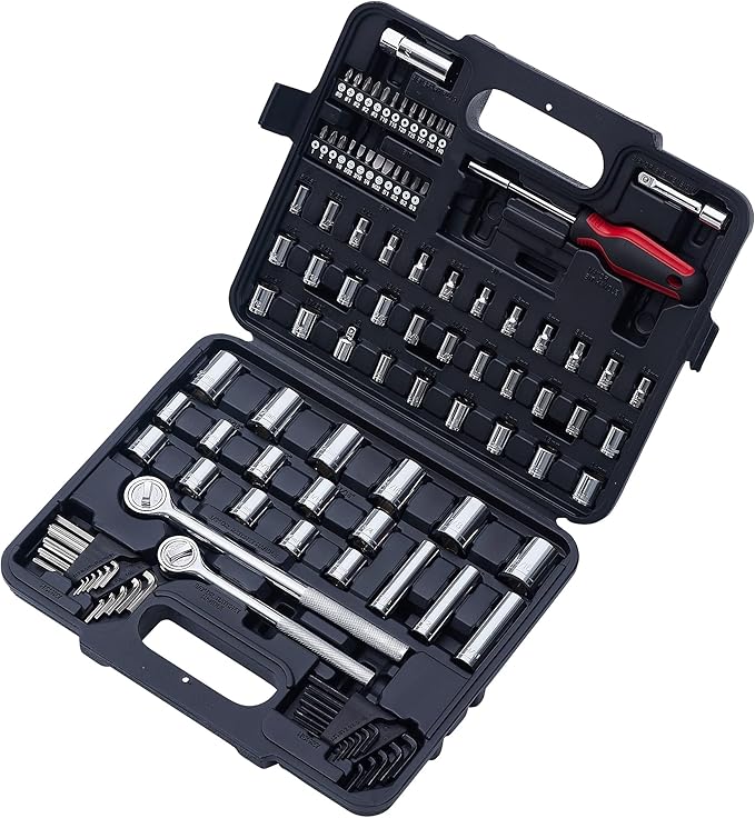 MECHMAX 120-Piece Socket Wrench Set with 1/2" & 3/8" Drive Ratchets. Mechanics Tool Kit includes SAE & Metric Sockets, Deep Sockets, Spark Plug Socket, Bits & Hex Keys for Auto Repair, Garage & Gift
