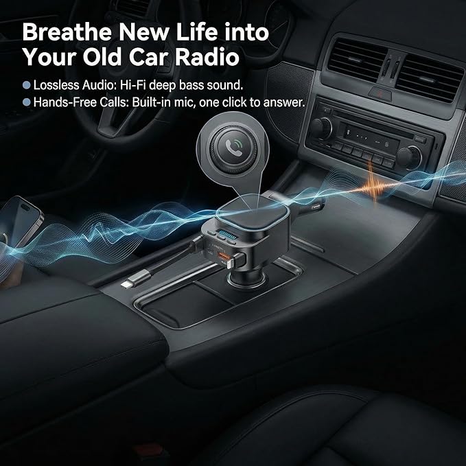 96W Retractable Car Charger, 4-in-1 Bluetooth 5.3 FM Transmitter for iPhone 17 16 15, Fast USB C Car Adapter for Music & Hands-Free Calls, Wireless Radio Receiver for SUV Truck RV