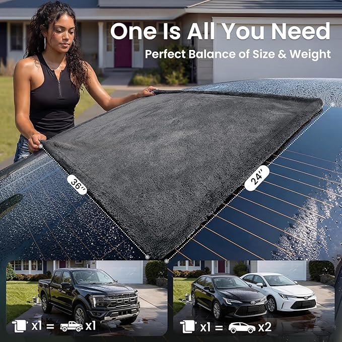 REEVAA Twisted Loop Car Drying Towel, [1300GSM, Pro-Grade Care] Car Microfiber Cleaning Cloth Accessories, Streak Free, Lint Free, Reusable, 2Pcs (36"×24"+16"×16"), Black Gray