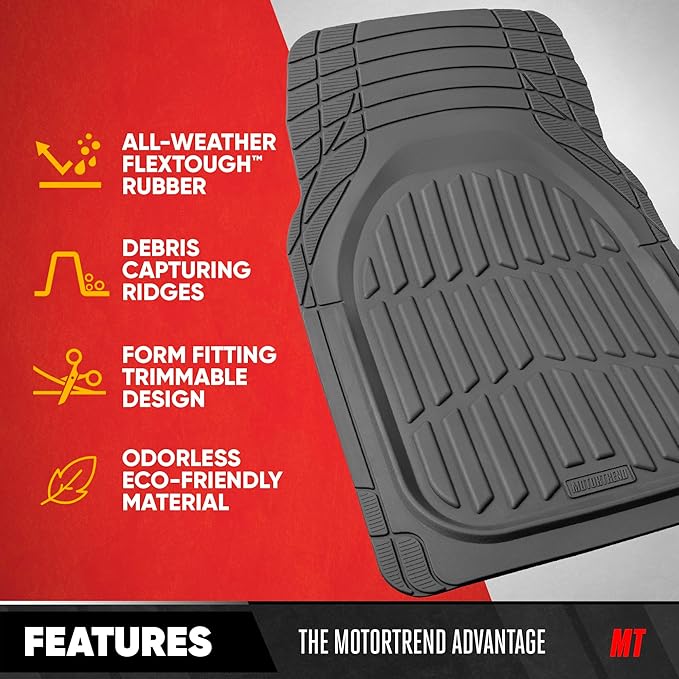 Motor Trend FlexTough LITE Rubber Car Mats Full Set - All Weather Floor Mats for Trucks, Cars & SUVs - Automotive Waterproof Gray Car Floor Mats for Cars Interior Accessories Universal Trim-to-Fit