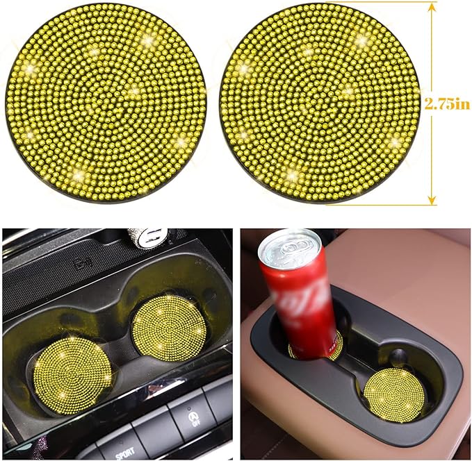Steering Wheel Cover Set 15 inch,7 Pack Crystal Rhinestone Diamond Yellow Bling Car Accessories Set,Seat Belt Cover,Bling Gear Shift Cover,Puch Start Ring,Car Cup Coaster,Yellow