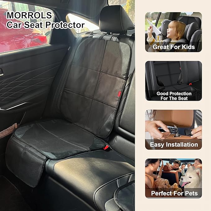MORROLS Car Seat Protector for Child Seats,1 Pack Car Seat Cushion,Waterproof Fabric Car Seat Covers for Non-Slip Backing Mesh Pockets for Baby,Pet,SUV, Sedan and Trunk(Black)