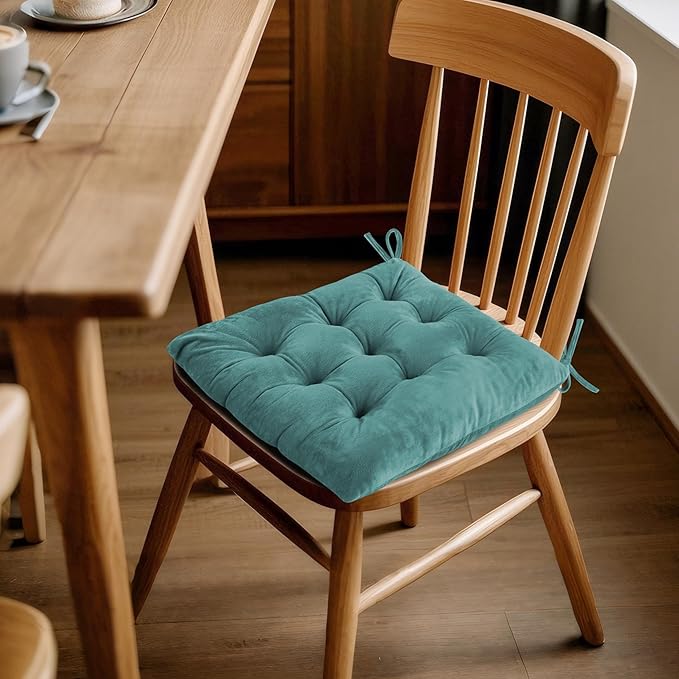 ELFJOY Chair Cushions for Dining Chairs Set of 4 Kitchen Seat Cushions Indoor Velvet Seat Pad with Ties for Dining Office Living Room (18" x 18", Green)