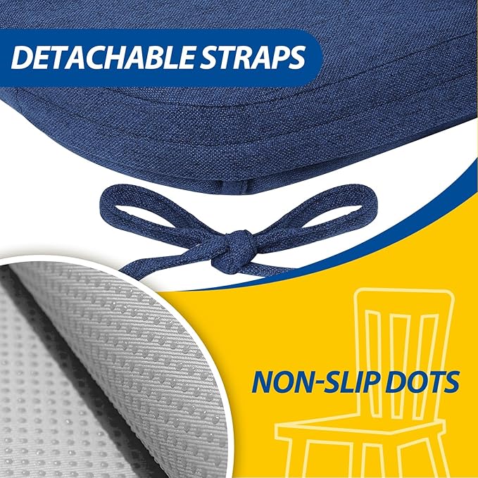 AAAAAcessories D-Shaped Chair Cushions, 2" Thick Dining Chair Pads with Ties and Removable, Machine-Washable Cover, 17" x 16", Blue