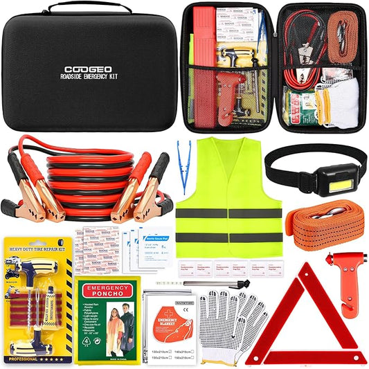 COOGEO 15PC Car Emergency Kit with Jumper Cables, Roadside Assistance Safety Kit for Auto & Truck, Includes Safety Hammers, Tow Strap, Warning Triangle, First Aid, Gifts for Young Men or Women, Black